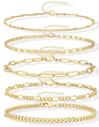 Gokeey Ankle Bracelets for Women Waterproof, 14k Gold Plated Jewelry Set Layered Cuban Figaro Link Chain Anklets Set Gold Anklets Summer Boho Beach Jewelry Gift Adjustable Size - color: Gold