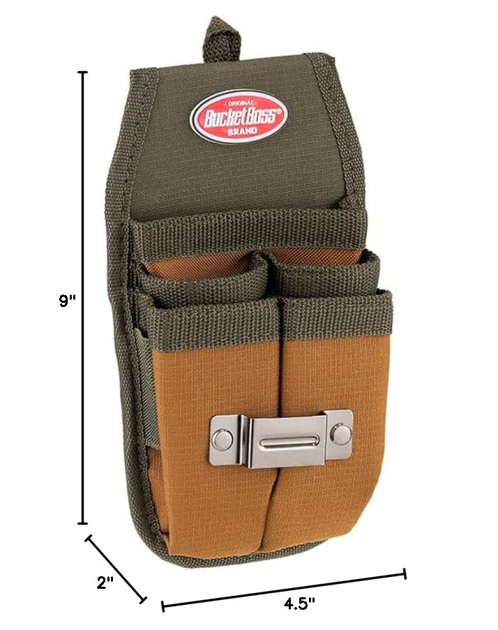 Bucket Boss Four-Barrel Tool Sheath with FlapFit to Fit Instantly Over a Belt or Into a Pants Pocket, with 5 Tool Pockets and 2 Loops, and Metal Tape Clip, in Brown, 54184