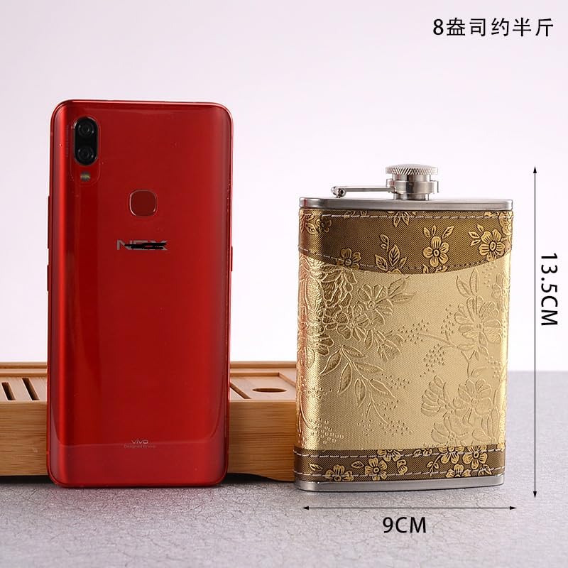 Golden pattern 8 Oz Flask Gift Hip Flask Stainless Steel(304/18-8 SS).Bonus 2 Shot Glass+1Funnel+1Giftbox.Flask Leak Proof Tested.Flask for Liquor/Alcohol.Flask for Men/Women