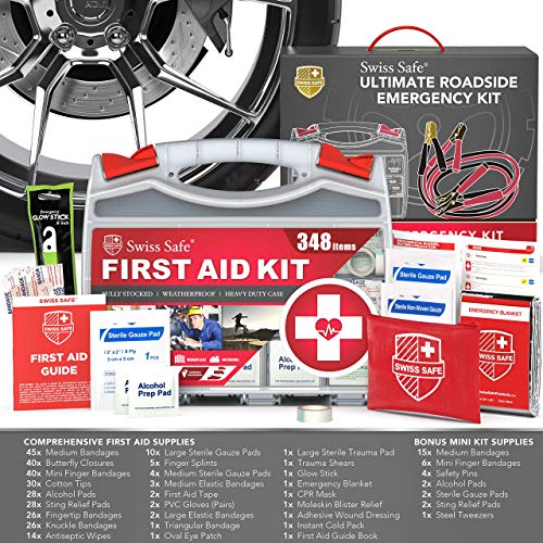 Swiss Safe 2-in-1 378-Pcs Car First Aid Kit, Jumper Cables, Essentials