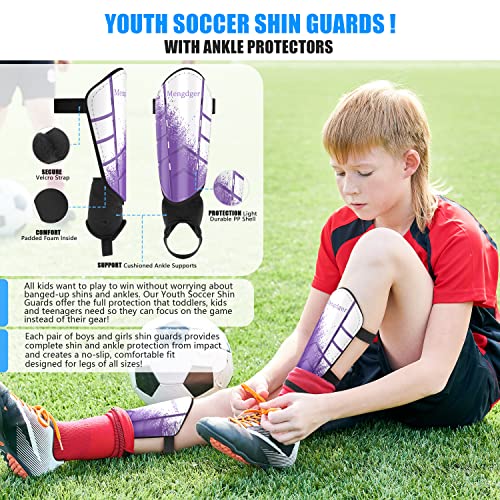 Shin Guards Soccer Youth Kids Boys Girls Toddler Shin Pads Child EVA Cushion Protection Reduce Shocks Injurie Calf Protective Gear Suitable for 4 5 6 7 8 9 10 11 12 Years Old - color: Purple+White Ankle, size: Medium