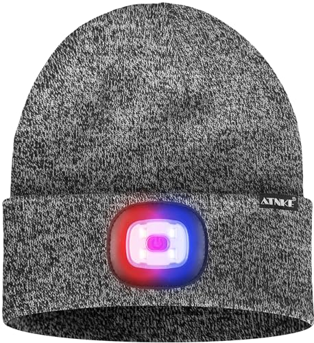 ATNKE LED Lighted Beanie Hat,USB Rechargeable 4 LED Red and Blue Flashing Running Headlamp Cap Gifts for Men and Women - color: #Blended Black White