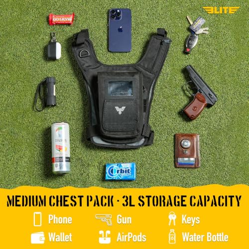 Elite Sports Running Vest w/Phone Holder, Gun Holster for Men/Women, Reflective Lightweight Chest Pack w/Touch Friendly Phone Sleeve, Camera Pocket - Chest Rig for Hiking, Trail, Marathon, Camping - size: Medium