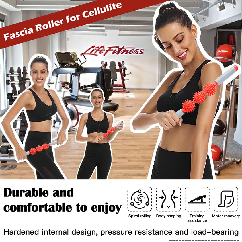 Fascia Muscle Roller, Cellulite Massager Fascia Roller for Cellulite and Sore Muscles, Neck, Leg, Back, Pressure Trigger Point Body Roller Deep Tissue Massage Stick Tools - 3 Massage Balls | Red - color: Tangerine