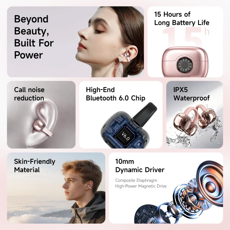 A80 Open Ear Earbuds, Clip On Wireless Headphones with Microphone - color: RoseGold