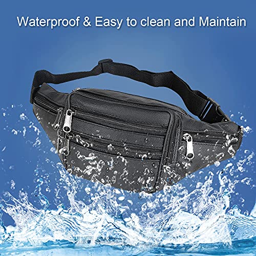 Genuine Cowhide Leather Fanny Pack, Separate Storage 7 Pockets Waist Pack - color: black