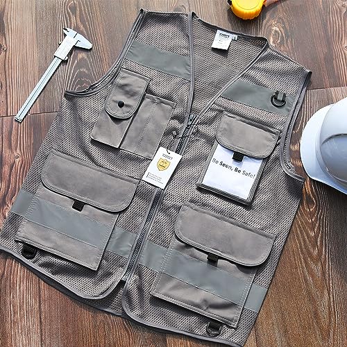 TCCFCCT Mesh Hi Vis Vest 9 Pocket High Visibility Reflective Vest, Grey M - color: Grey-bison 03, size: Medium