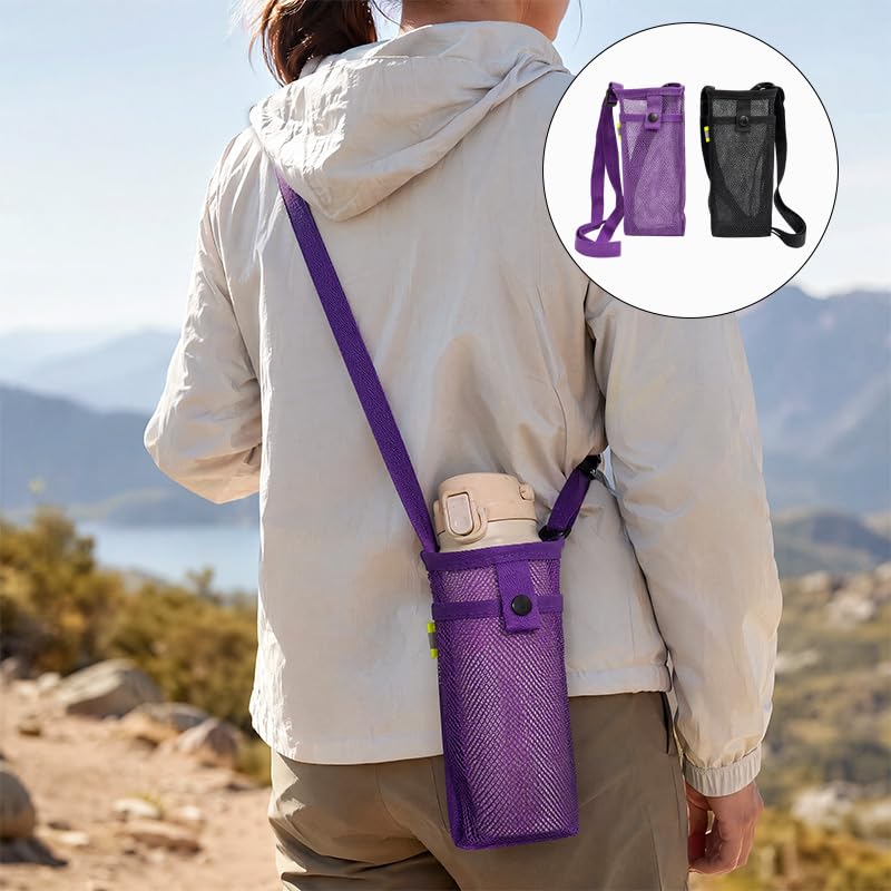 2 Pack Mesh Water Bottle Carrier with Adjustable Strap, Sleeve Pouch Holder Bag for Most Standard Bottles, Ideal Travel Essential for Hiking, Camping, Beach, Theme Parks (Purple & Black)