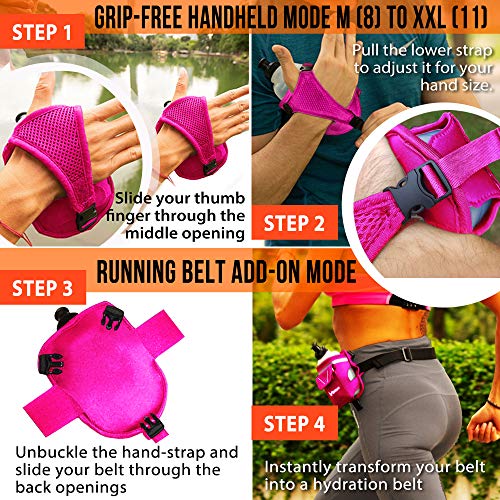 2-in-1 Running Fun: Handheld 12 Oz Water Bottle & Running Belt Add-On. No-Grip Design Straps on Hand & Slides on Belt. Waterproof Pocket for Money, Keys. Maximize Time, Freedom & Health - color: Hot Pink