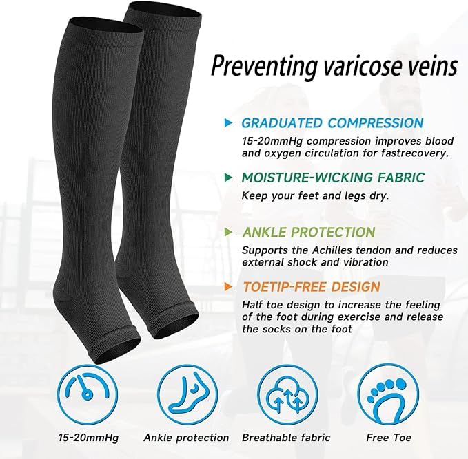 Toeless Compression Socks 15-20 mmHg, 2 Pairs open toe Knee High Support - color: C - Black/Beige, size: 4X-Large