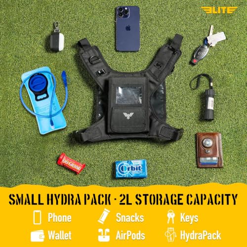 Elite Hydra Running Chest Pack w/ Phone Holder Touch Friendly, Camera Pocket for Men/Women Lightweight Hydration Vest Chest Rig w/ Water Bladder for Marathon, Cycling, ADV Camping, Skiing - size: Small