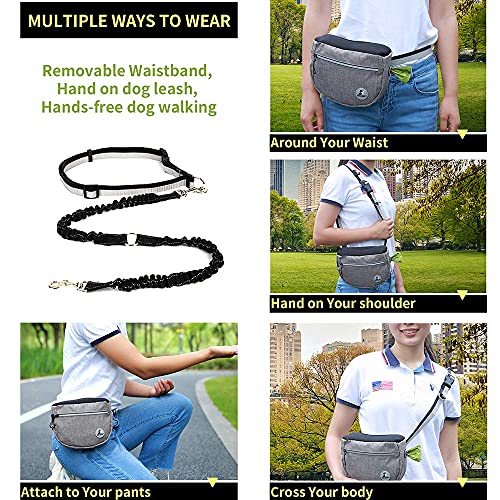 Pet Dog Treat Pouch Waist Bag, Auto Closing Waterproof Oxford Adjustable Training Belt Bags with Poop Bag Dispenser + Dog Collapsible Bowl for Dog Cat Running, Walking, Feeding (Grey) - color: Grey