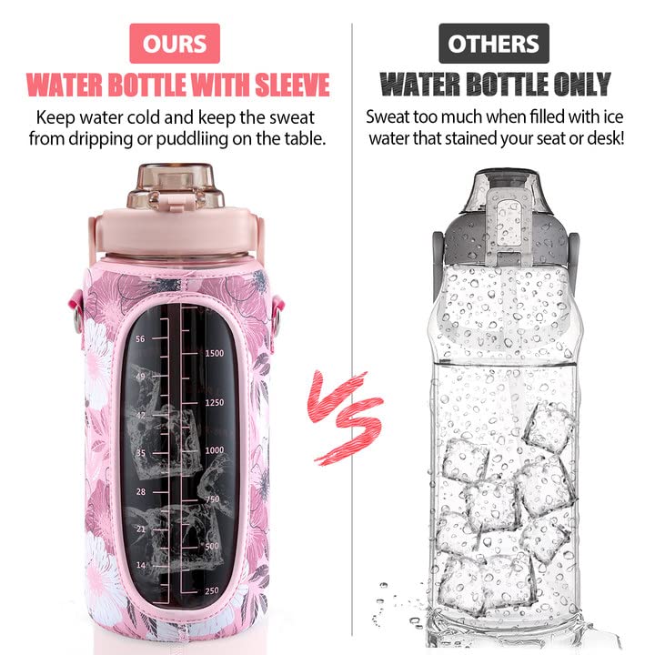 Half Gallon Water Bottle with Sleeve, 64OZ Motivational Water Bottle - color: Pink Rose