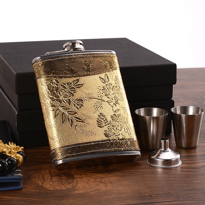 Golden pattern 8 Oz Flask Gift Hip Flask Stainless Steel(304/18-8 SS).Bonus 2 Shot Glass+1Funnel+1Giftbox.Flask Leak Proof Tested.Flask for Liquor/Alcohol.Flask for Men/Women