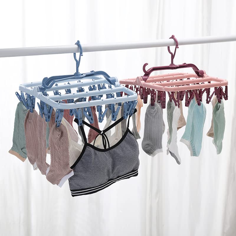 Foshine Clothes Drying Racks Foldable Clip Hangers Plastic with 32 Clips - color: Pink