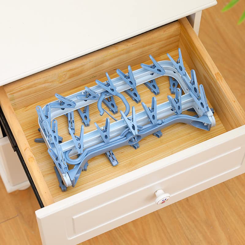 Foshine Clothes Drying Racks Foldable Clip Hangers Plastic with 32 Clips - color: Blue