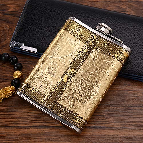Golden pattern 8 Oz Flask Gift Hip Flask Stainless Steel(304/18-8 SS).Bonus 2 Shot Glass+1Funnel+1Giftbox.Flask Leak Proof Tested.Flask for Liquor/Alcohol.Flask for Men/Women