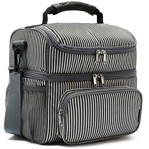 FlowFly Double Layer Cooler Insulated Lunch Bag Adult Lunch Box Large Tote Bag for Men, Women, With Adjustable Strap,Front Pocket and Dual Large Mesh Side Pockets - color: White&Black Stripes