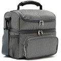 FlowFly Double Layer Cooler Insulated Lunch Bag Adult Lunch Box Large Tote Bag for Men, Women, With Adjustable Strap,Front Pocket and Dual Large Mesh Side Pockets - color: White&Black Stripes
