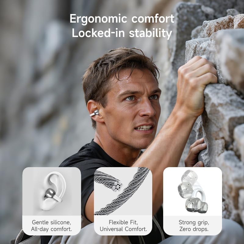 A80 Open Ear Earbuds, Clip On Wireless Headphones with Microphone - color: Silver