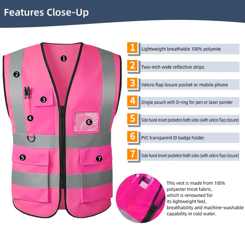 Safety Vest High Visibility Reflective Construction Vest - color: Pink, size: Small