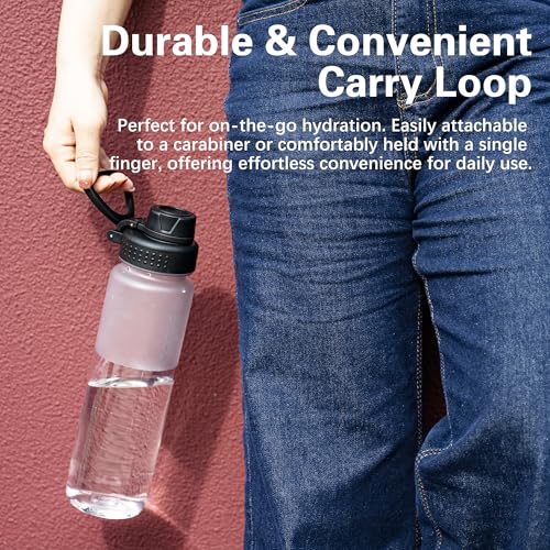OLDLEY 32 oz Water Bottle with Handle, BPA-Free Tritan Reusable Sports Water Bottle with Leak-Proof Dust Lid, Wide Mouth, Cup Holder Friendly, Half Frosted Clear Bottle for Gym, Travel, Work,Clear - color: Clear