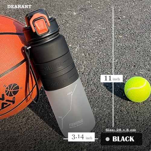 DEARART Sport Water Bottle with Locked Button, Frosted Bottle 100% Leakproof No Straw Silicone Anti Slip Ring, Suit Sport Office School Travel Yoga Gym for Women Men, 30oz, Black - color: Black