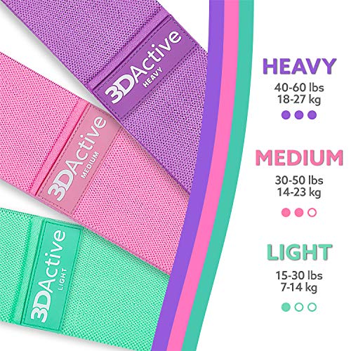 3DActive Fabric Resistance Bands for Legs & Butt. Wide Non-Slip Hip Band Set for Home & Gym Workouts. Exercise Guide & Carry Bag Included. - color: Purple, Pink, Green
