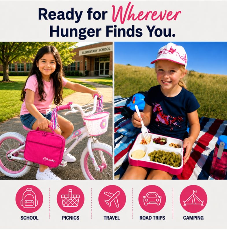 kinsho Bento Lunch Box, Ice Pack Insulated Bag for Girls, Kids, Teens, Pink - color: Pink