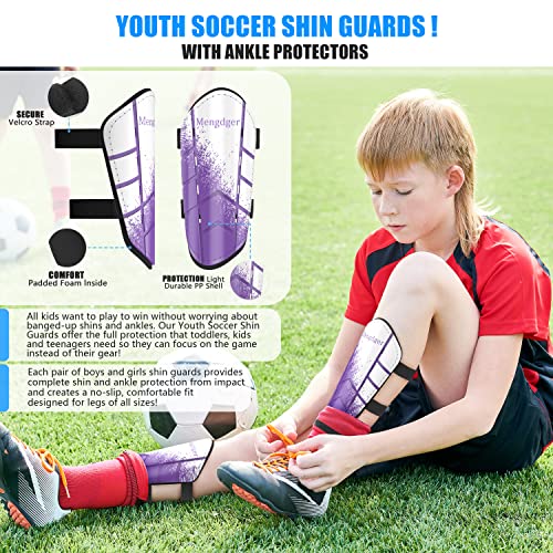 Shin Guards Soccer Youth Kids Boys Girls Toddler Shin Pads Child EVA Cushion Protection Reduce Shocks Injurie Calf Protective Gear Suitable for 4 5 6 7 8 9 10 11 12 Years Old - color: Purple+White, size: Medium