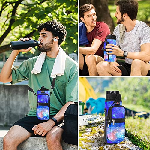 AUPET Water Bottle Sling Bag Sleeve Holder Carrier 25/32/40/64 oz,Insulated Crossbody Water Bottle Case Cover with Strap and Pockets for Men/Women Walking Hiking - color: blue starry sky, size: 25oz
