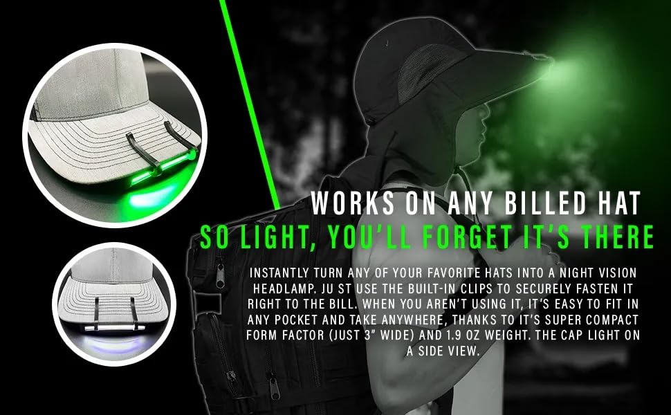 MODERN NEEDS Night Vision Cap Light – Clip On Cap Light Powered by AAA, Dual LED Modes, Cap Flashlight and Hat Light for Billed Hats, Camping, Hunting, Fishing, Hiking, Walking, Repairs & Outdoor