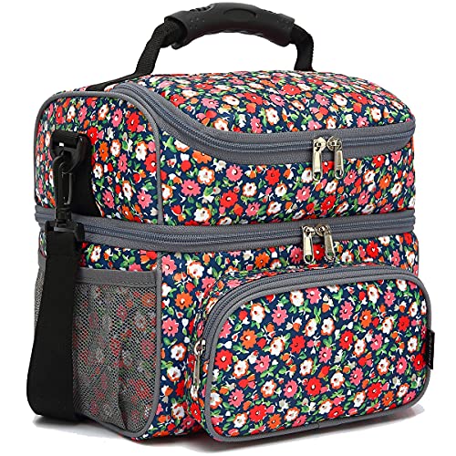 FlowFly Double Layer Cooler Insulated Lunch Bag Adult Lunch Box Large Tote Bag for Men, Women, With Adjustable Strap,Front Pocket and Dual Large Mesh Side Pockets - color: Floral