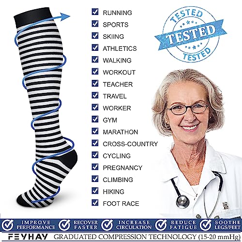 FEYHAY Copper Compression Socks (3 Pairs) 15-20 mmHg Circulation is Best Athletic & Daily for Men & Women, Running, Climbing - color: 10 Stripe, size: Large-X-Large