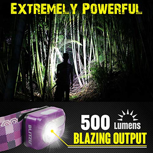 BLITZU Rechargeable LED Headlamp, Purple, Adjustable, Durable, Battery Powered, 500 Lumen, 150 Feet Range, 2 Special Modes, 120-Day Guarantee - color: Purple