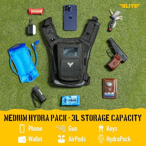 Elite Hydra Running Chest Pack w/ Phone Holder Touch Friendly, Camera Pocket for Men/Women Lightweight Hydration Vest Chest Rig w/ Water Bladder for Marathon, Cycling, ADV Camping, Skiing - size: Medium