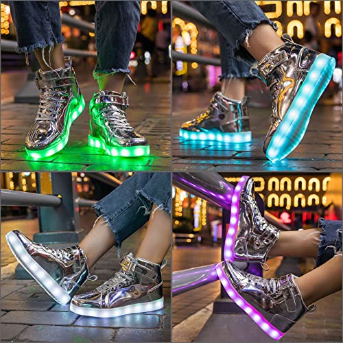Hot Dingding Light Up Sneakers High Top LED Flashing Shoes, USB Rechargeable Glowing Luminous Shoes for Men Women Teens Halloween Party - color: Silver, size: 11 Women/9 Men