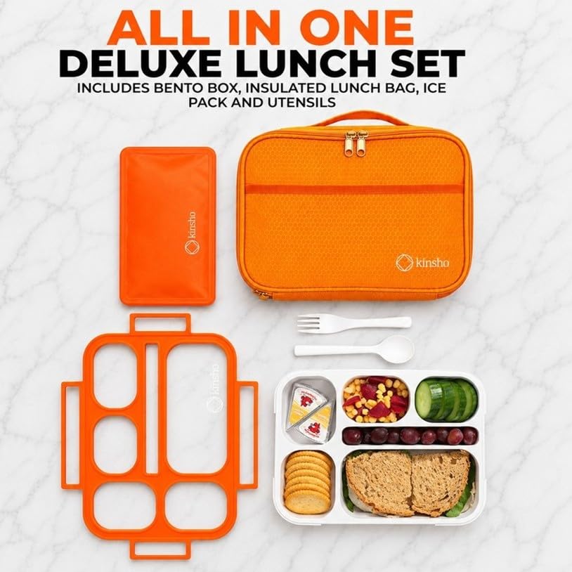 kinsho Bento Lunch Box, Ice Pack Insulated Bag for Kids Boys Teens, Orange - color: Orange