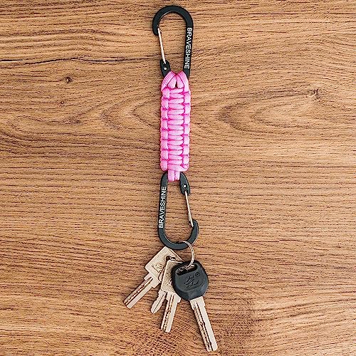 BRAVESHINE Paracord Keychain Carabiner Clip | D Ring Hanger Lanyard Hook - color: 1 Black 1 Pink