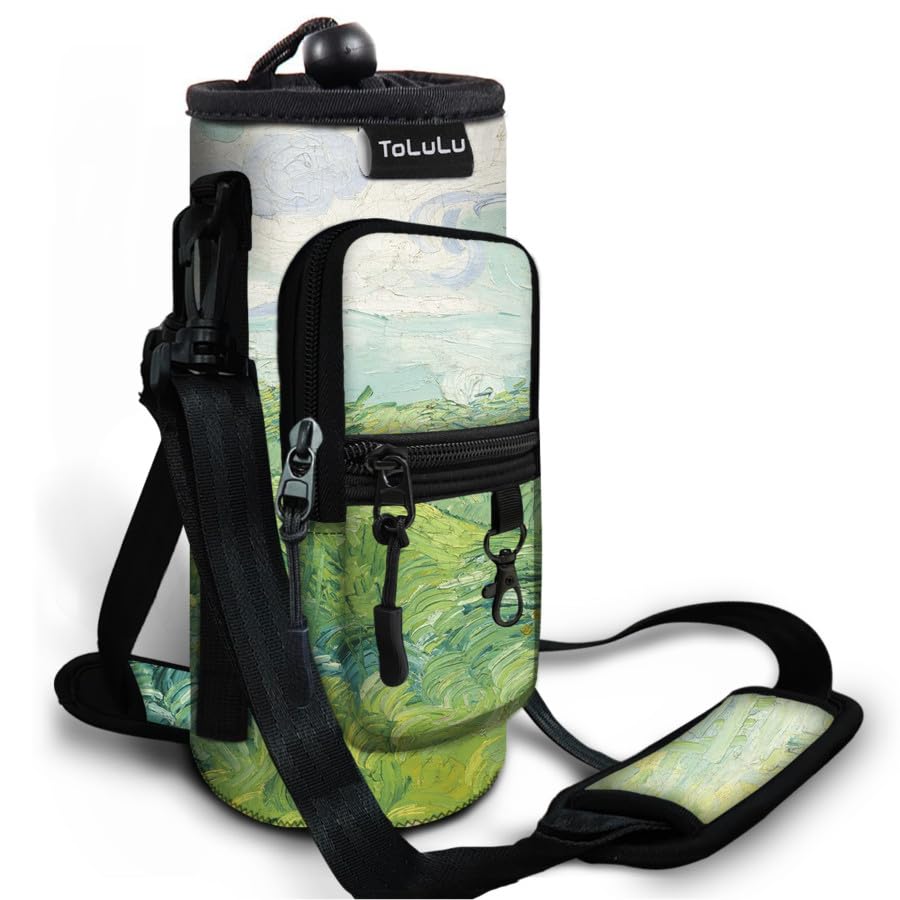 ToLuLu 25/32/40oz Water Bottle Carrier Bag Pocket,Insulated Neoprene Adjustable Shoulder Strap Water Bottle Pouch Case, Crossbody Water Bottle Holder Sling Sleeve for Men Women Adults - color: Green Grassland, size: 40 OZ