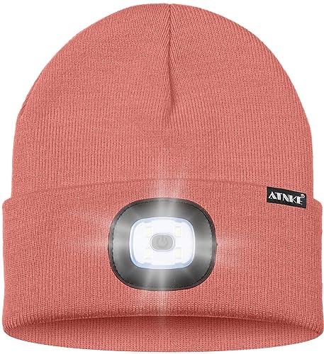 ATNKE LED Lighted Bluetooth Beanie Hat,USB Rechargeable 4 LED Wireless Music Running Headlamp Cap Gift for Men and Women - color: #Bean Paste Powder