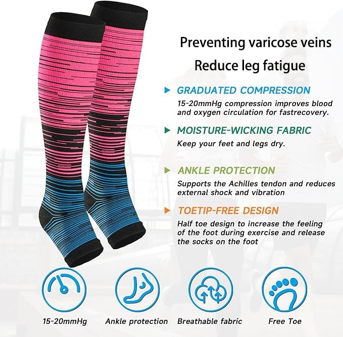 Toeless Compression Socks 15-20 mmHg, 2 Pairs open toe Knee High Support - color: G-dense Line, size: Small-Medium