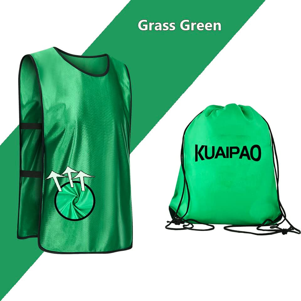KUAIPAO 12 Pieces Soccer Pinnies Scrimmage Vest Team Practice Jerseys Sports Pinnies With Free Carry Bag - color: Grass Green, size: Medium