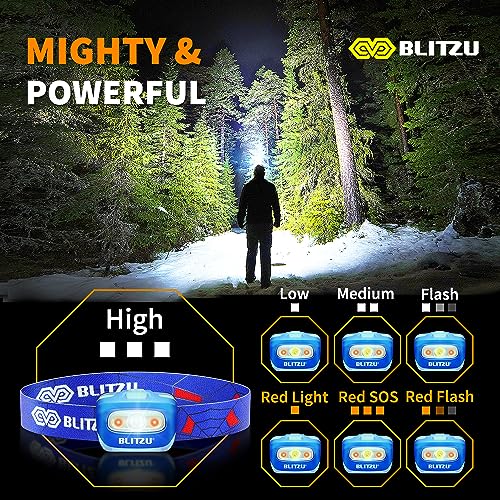 BLITZU Hands-Free Headlamp, Blue, 165 Lumen, Adjustable Light Modes, Battery Powered, Waterproof, Impact Resistant - color: Blue