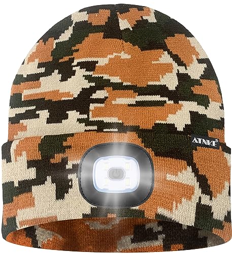 ATNKE LED Lighted Bluetooth Beanie Hat,USB Rechargeable 4 LED Wireless Music Running Headlamp Cap Gift for Men and Women - color: #Camouflage Yellow