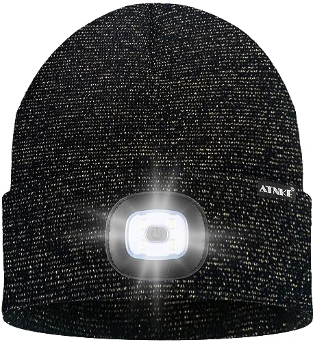 ATNKE LED Lighted Bluetooth Beanie Hat,USB Rechargeable 4 LED Wireless Music Running Headlamp Cap Gift for Men and Women - color: #Blended Black Goldwire