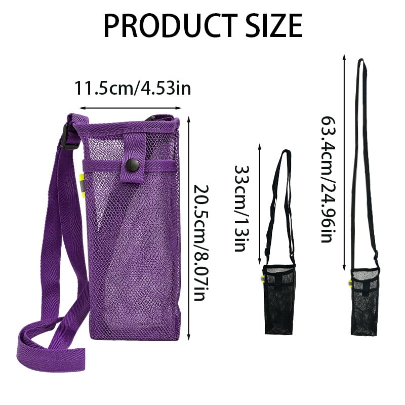 2 Pack Mesh Water Bottle Carrier with Adjustable Strap, Sleeve Pouch Holder Bag for Most Standard Bottles, Ideal Travel Essential for Hiking, Camping, Beach, Theme Parks (Purple & Black)