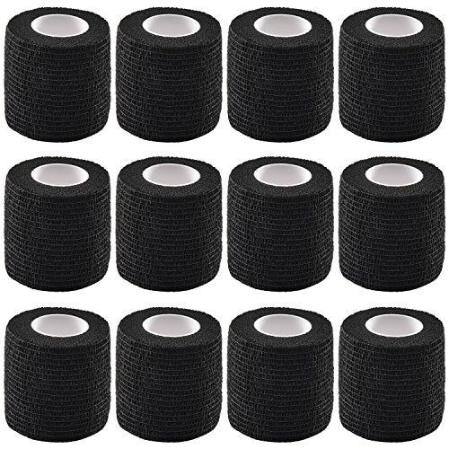 12 Pieces Self Adhesive Bandage Wrap Tape Stretch Self Adherent Cohesive Toe Tape for Sports, Wrist, Ankle, 5 Yards Each (Black, 2 Inches)
