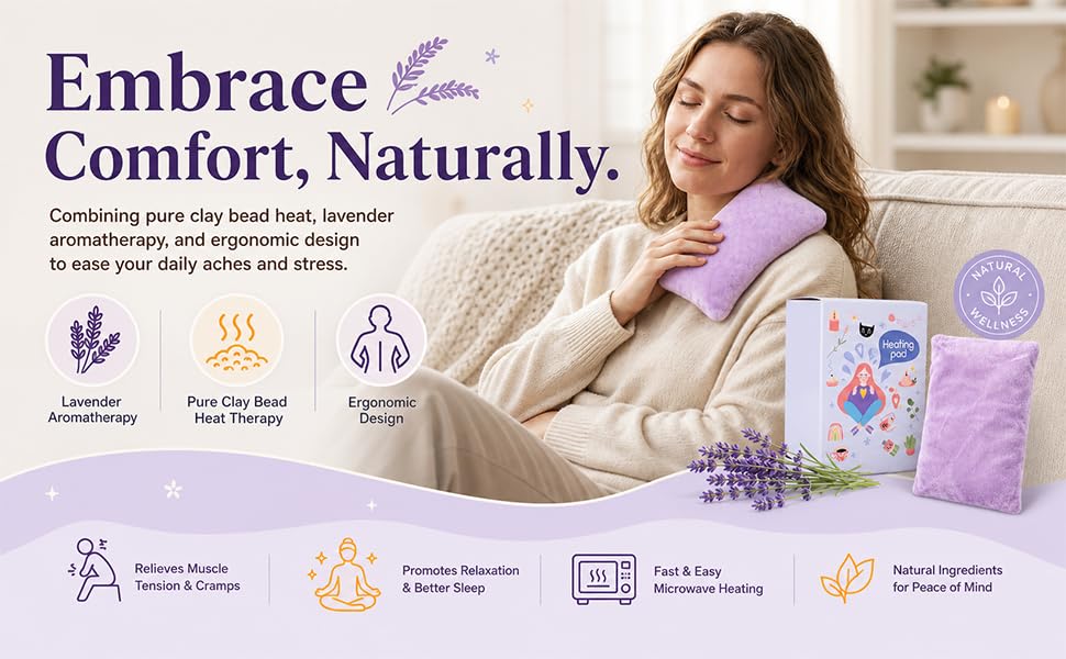 Microwavable Heating Pad with Ultra-Soft Plush Cover, 8×5" Clay Ball Heat Pack for Cramps, Neck, Back & Shoulder Pain Relief, Moist Hot Cold Therapy, Washable Cover, Purple
