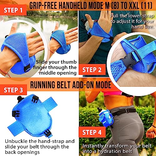 2-in-1 Running Fun: Handheld 12 Oz Water Bottle & Running Belt Add-On. No-Grip Design Straps on Hand & Slides on Belt. Waterproof Pocket for Money, Keys. Maximize Time, Freedom & Health - color: Royal Blue